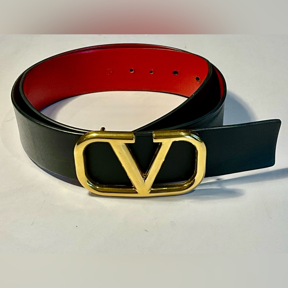 Valentino Garavani Black Belt with Red Interior and Gold V Buckle